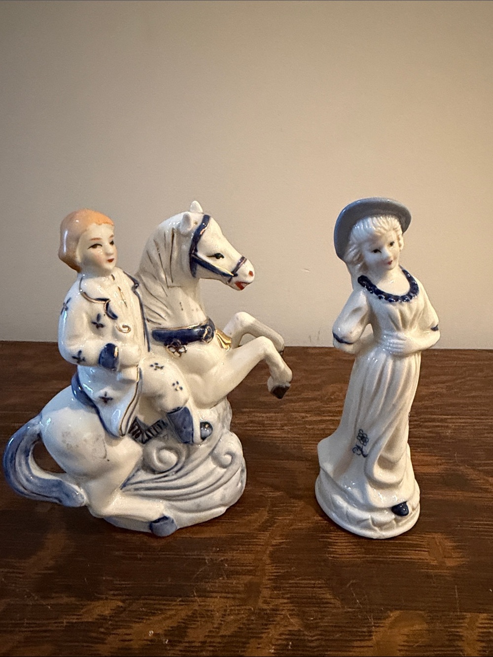 Blue and White Porcelain Figurine Set -a horse with a gentleman and a lady